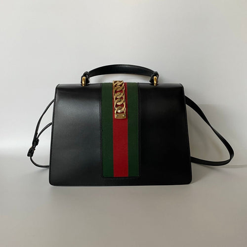 GUCCI Calfskin Medium Sylvie Top Handle Bag Black - NG102729