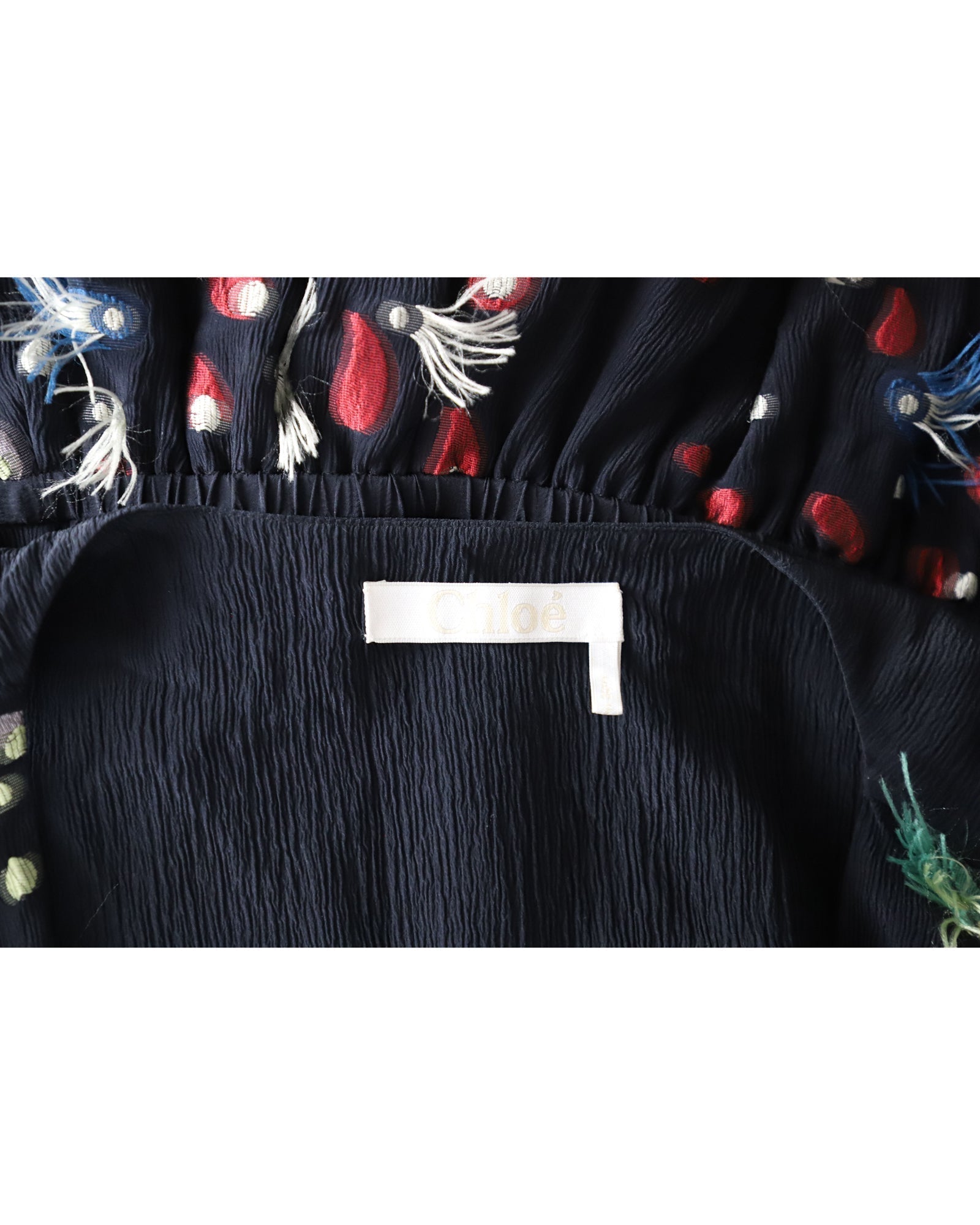 Chloe Embroidered Fringed Sleeveless Maxi Dress in Navy Blue Silk