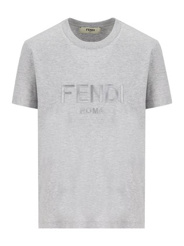 Fendi Lettering Embroidered Short Sleeve Cotton T-Shirt Grey