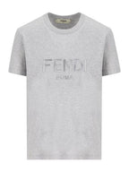 Fendi Lettering Embroidered Short Sleeve Cotton T-Shirt Grey