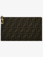 Fendi Flat Baguette Medium FF Jacquard Fabric Pouch Bag Brown
