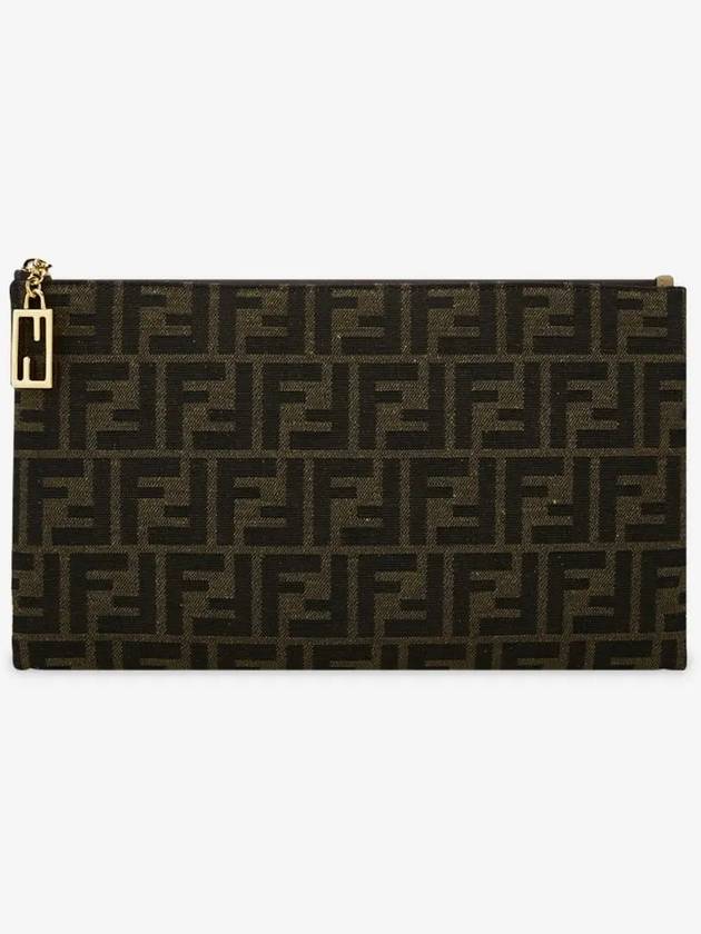 Fendi Flat Baguette Medium FF Jacquard Fabric Pouch Bag Brown
