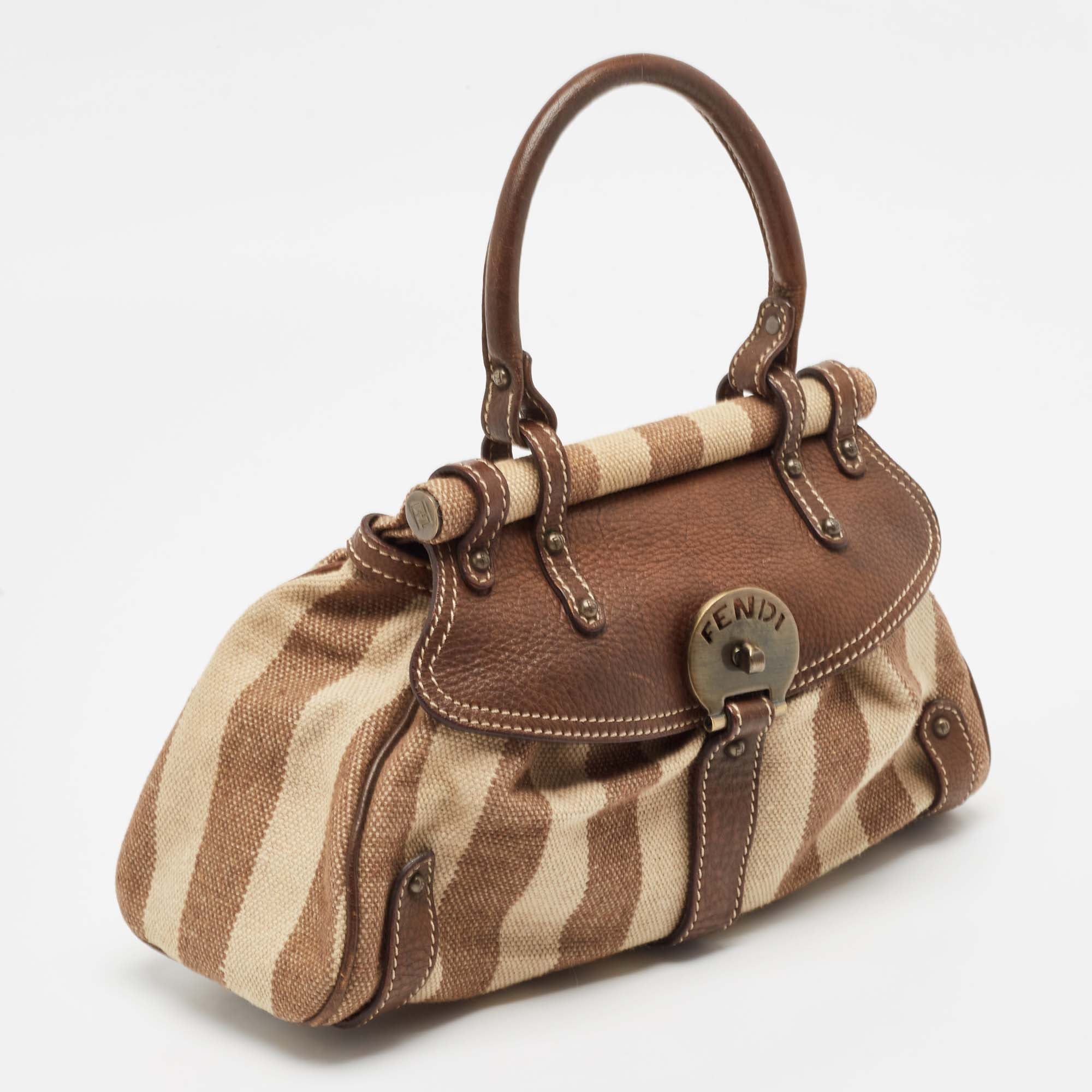 Fendi Brown/beige Stripe Canvas And Leather Magic Top Handle Bag