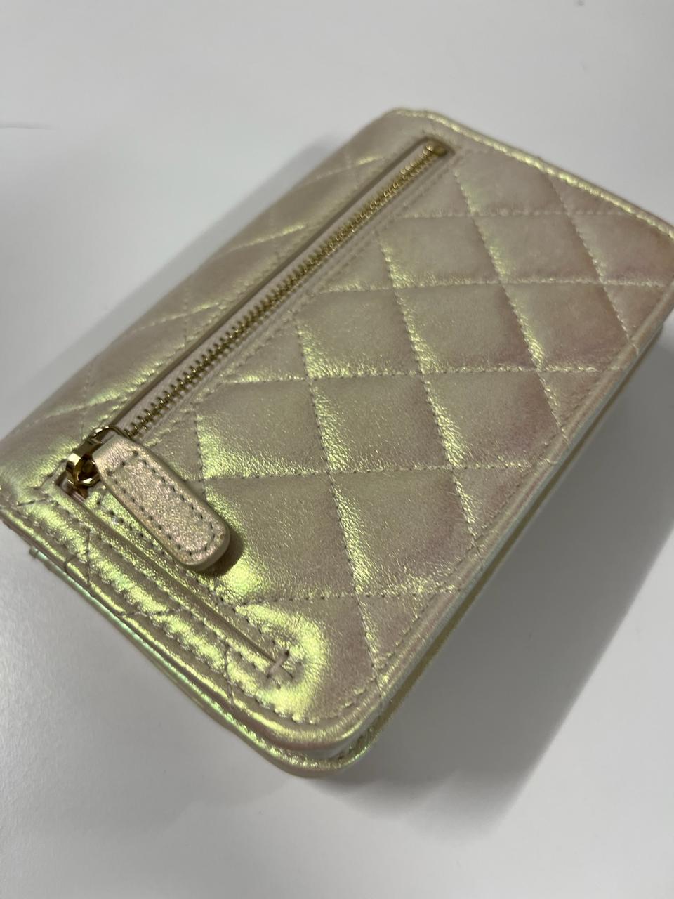 CHANEL - Ivory Iridescent Quilted Lambskin Mini Wallet on Chain