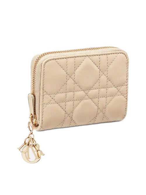 Lady Voyageur Cannage Lambskin Small Coin Wallet Sand Dior