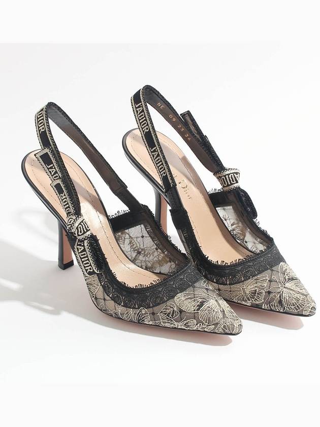 J'adior Butterfly Motif Metallic Thread Slingback Heels Black Dior