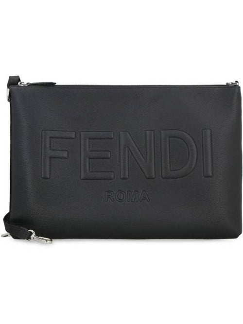 Fendi Embossed Logo Strap Clutch Bag Black