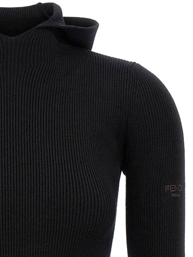 Fendi Long Sleeve Hooded Wool Silk Short Dress Black