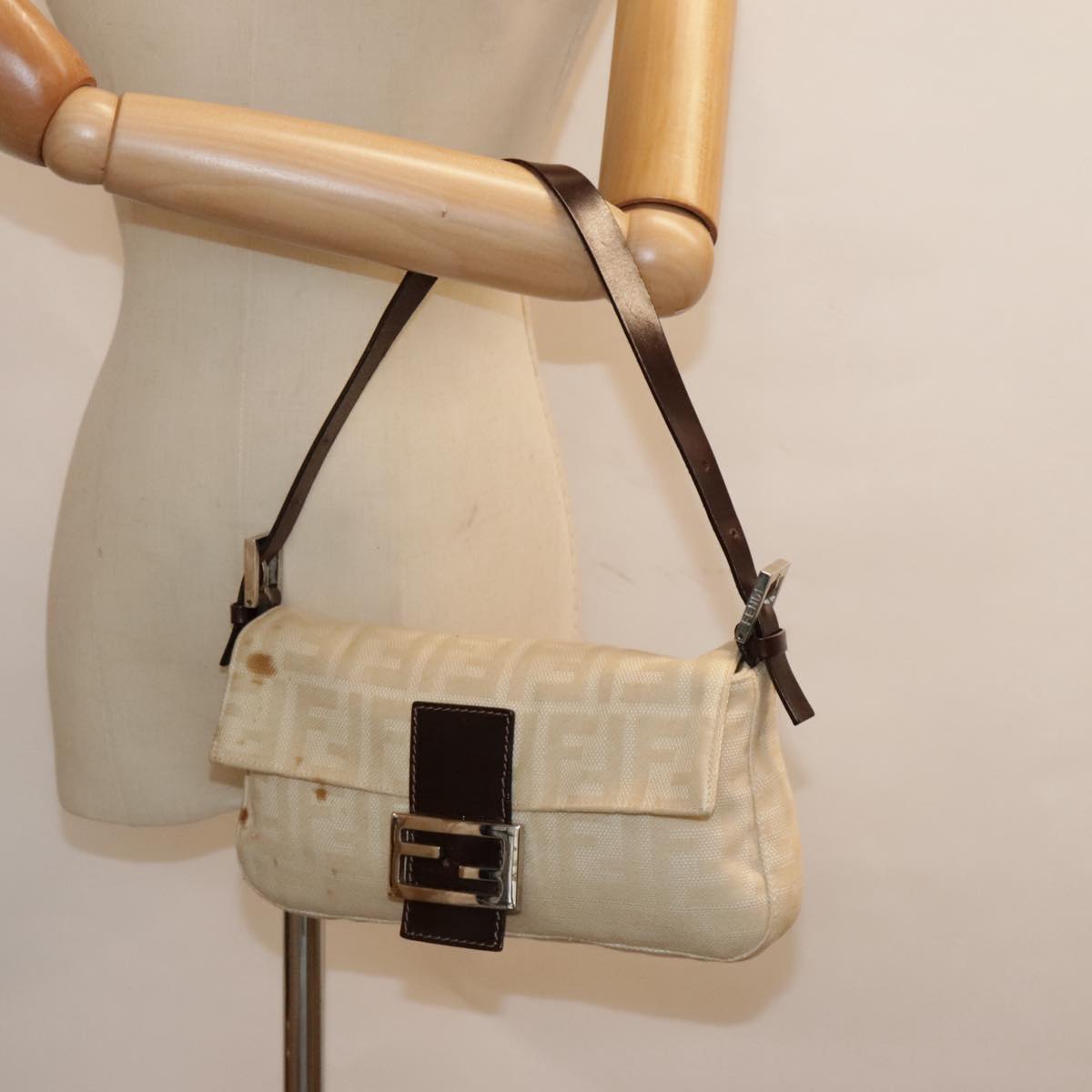 FENDI Zucca Canvas Mamma Baguette Shoulder Bag Beige Brown Silver90203