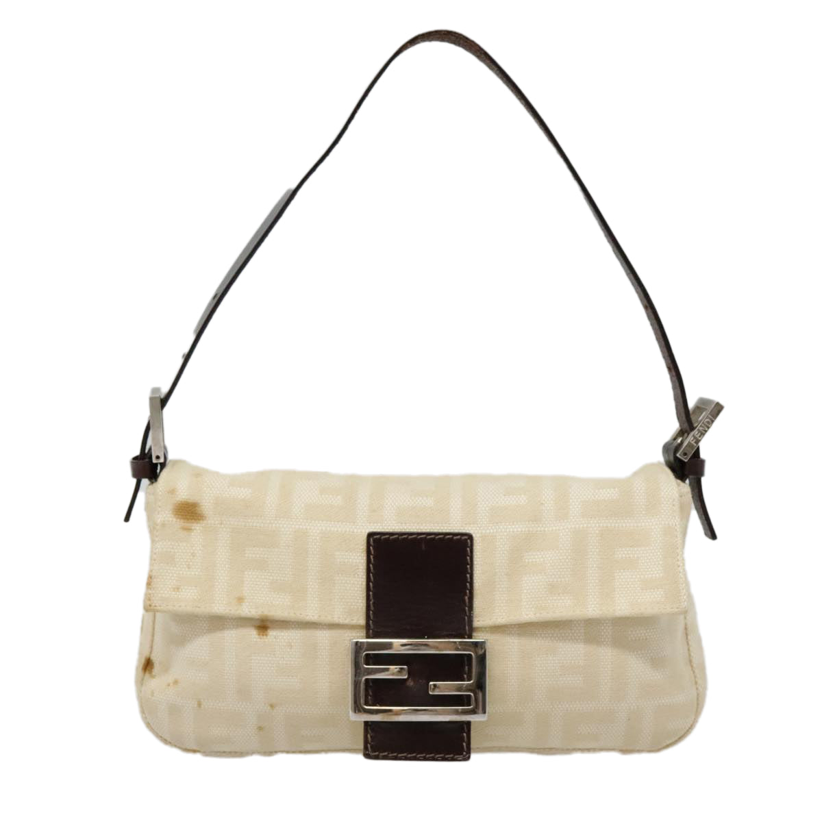FENDI Zucca Canvas Mamma Baguette Shoulder Bag Beige Brown Silver90203