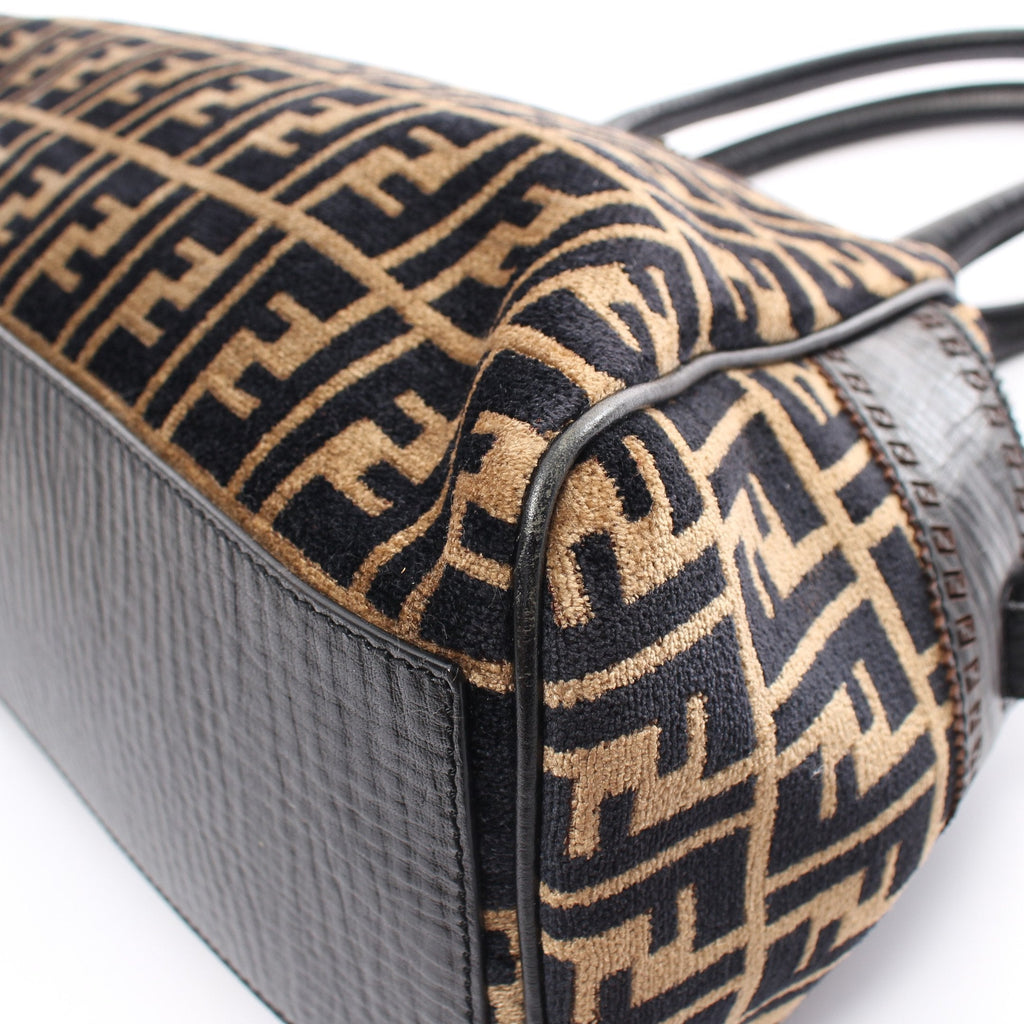 FENDI Zucca Handbag Fabric Leather Beige Black