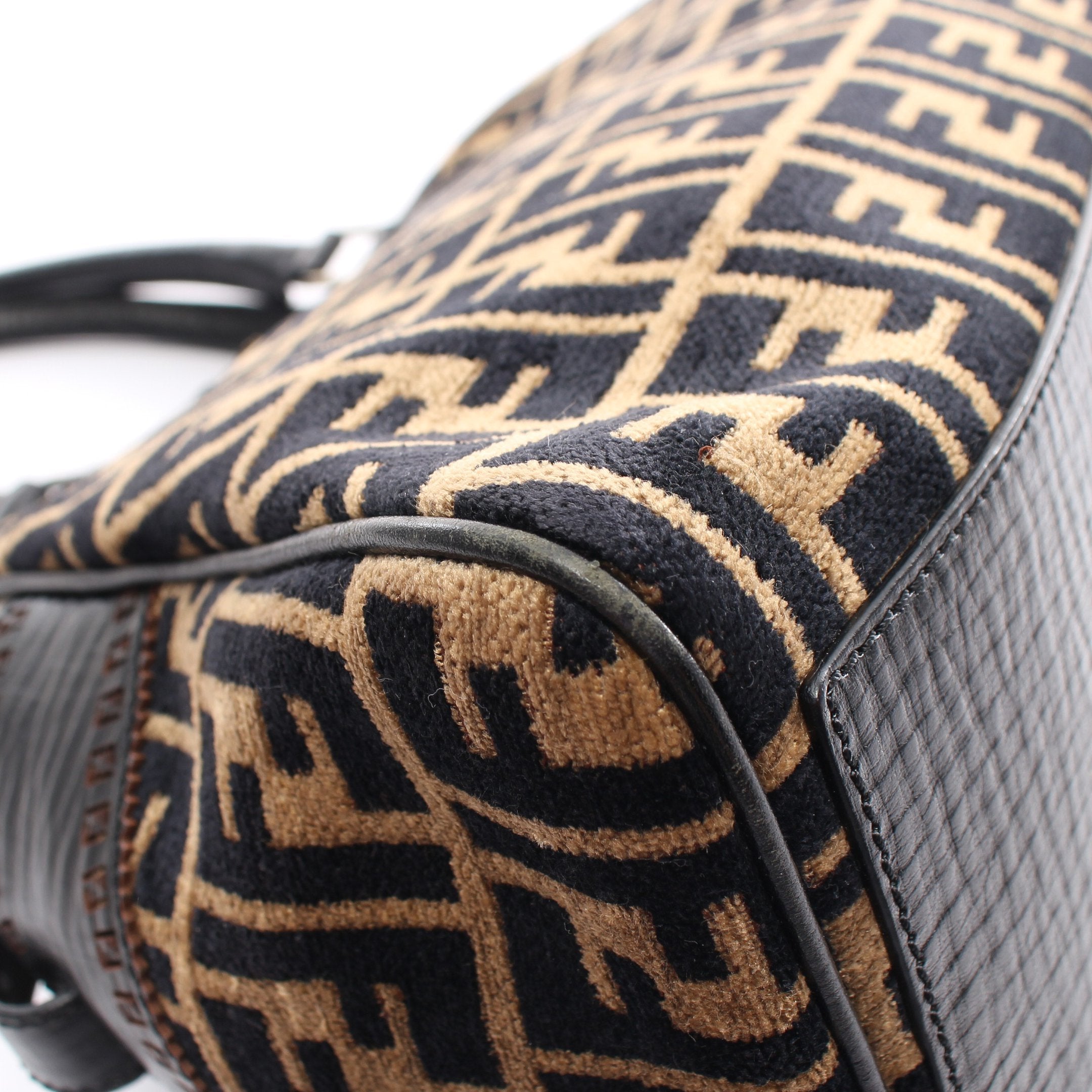 FENDI Zucca Handbag Fabric Leather Beige Black