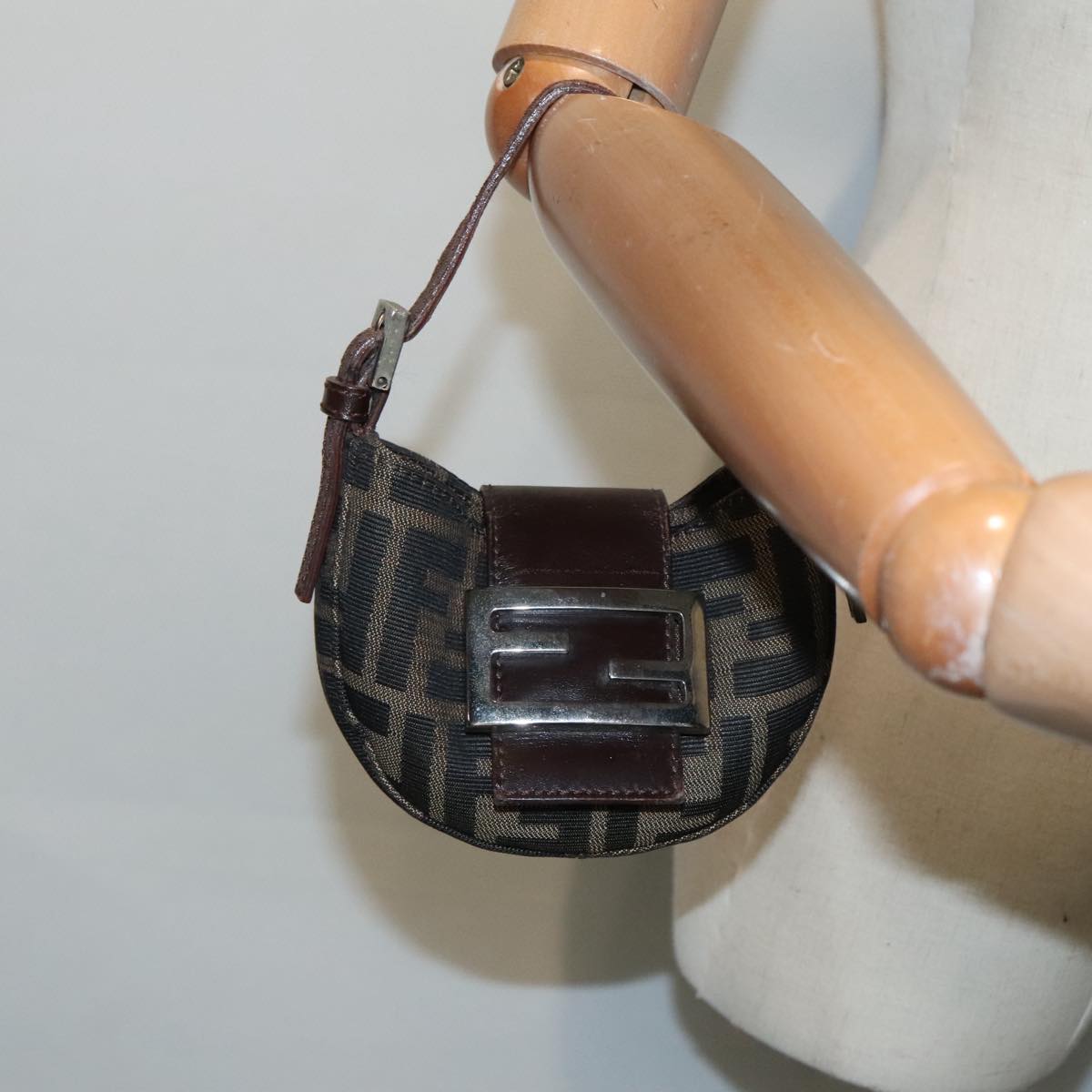 FENDI Zucca Canvas Mini Croissant Hand Bag Brown Black Silver90427