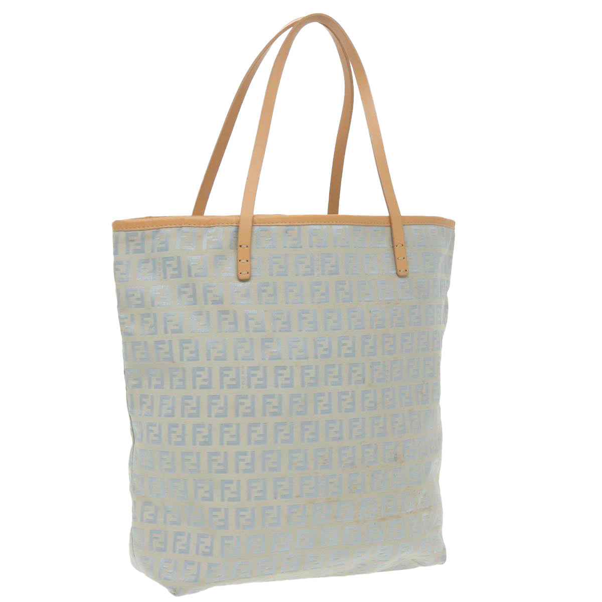 FENDI Zucchino Canvas Tote Bag Light Blue Brown Silver90434