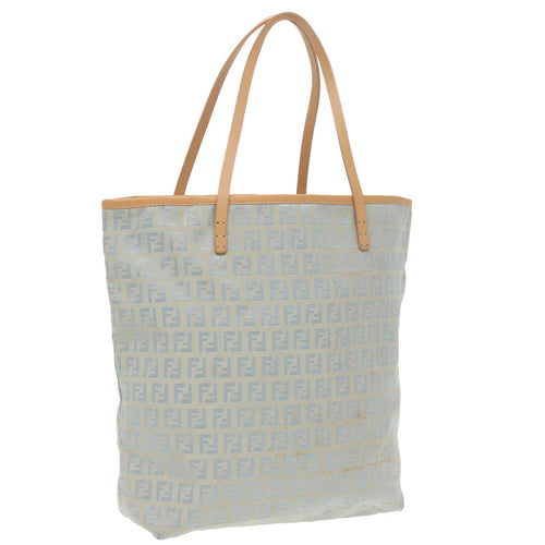 FENDI Zucchino Canvas Tote Bag Light Blue Brown Silver90434