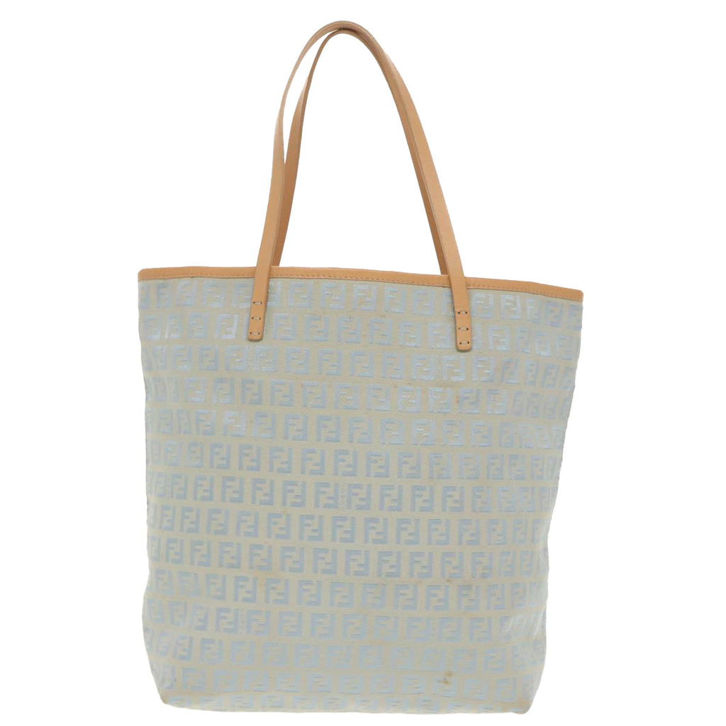 FENDI Zucchino Canvas Tote Bag Light Blue Brown Silver90434