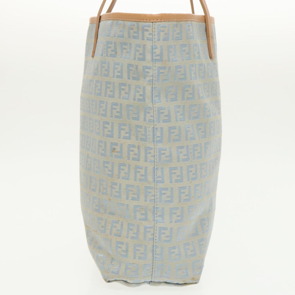 FENDI Zucchino Canvas Tote Bag Light Blue Brown Silver90434