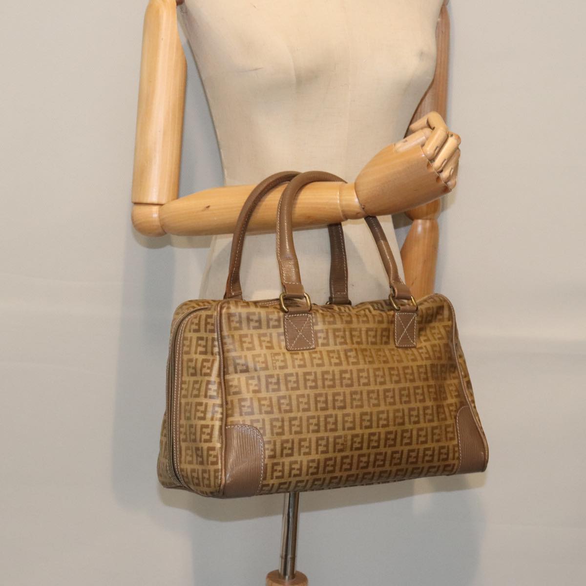 FENDI Zucchino Canvas Hand Bag Vintage Brown Gold90592