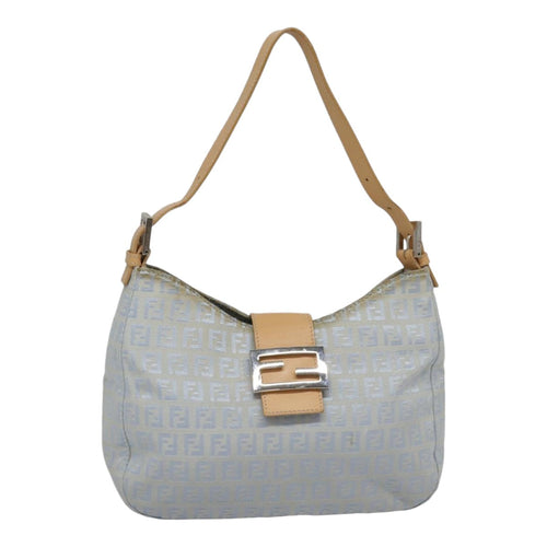 FENDI Zucchino Canvas Mamma Baguette Shoulder Bag Light Blue Silver90704