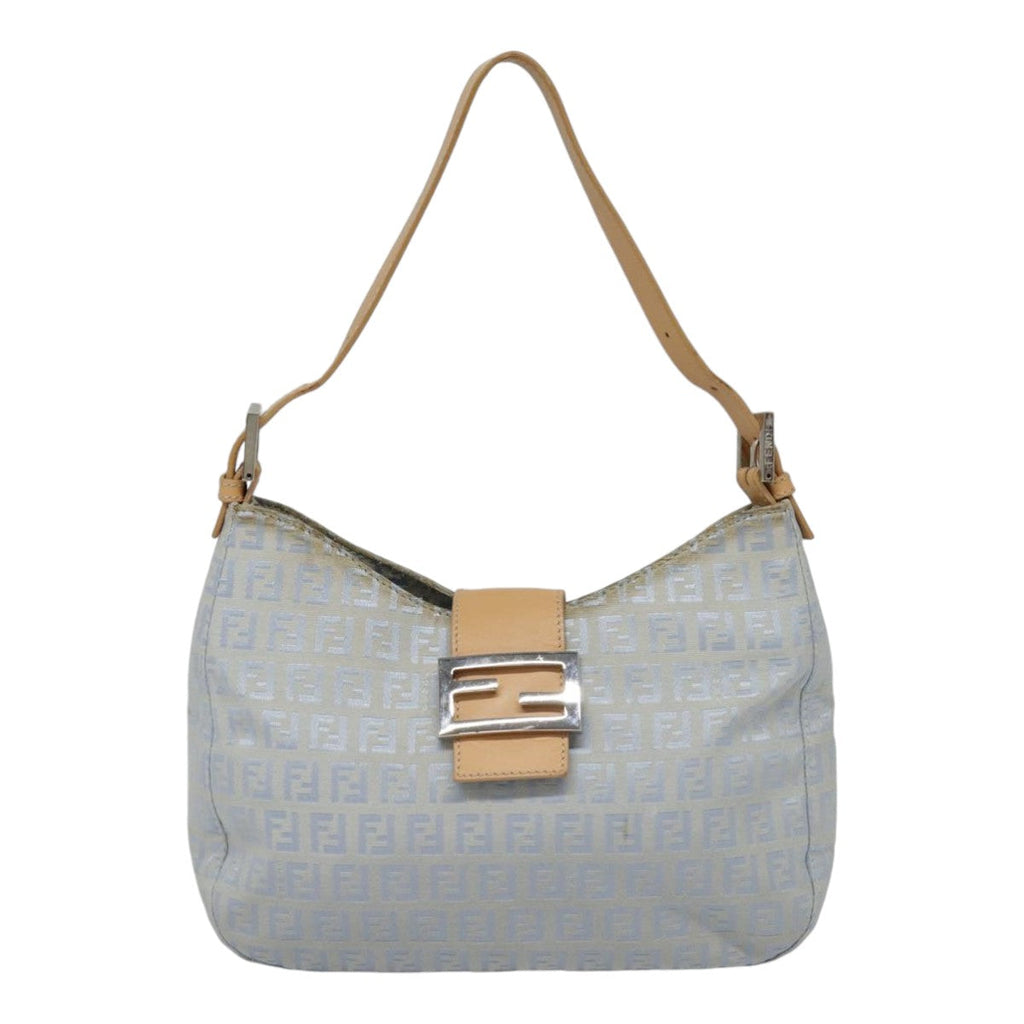 FENDI Zucchino Canvas Mamma Baguette Shoulder Bag Light Blue Silver90704