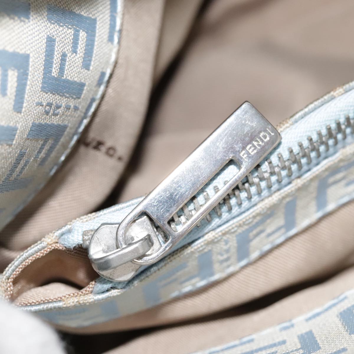 FENDI Zucchino Canvas Mamma Baguette Shoulder Bag Light Blue Silver90704