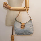 FENDI Zucchino Canvas Mamma Baguette Shoulder Bag Light Blue Silver90704