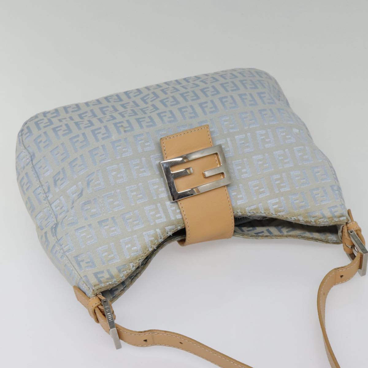 FENDI Zucchino Canvas Mamma Baguette Shoulder Bag Light Blue Silver90704