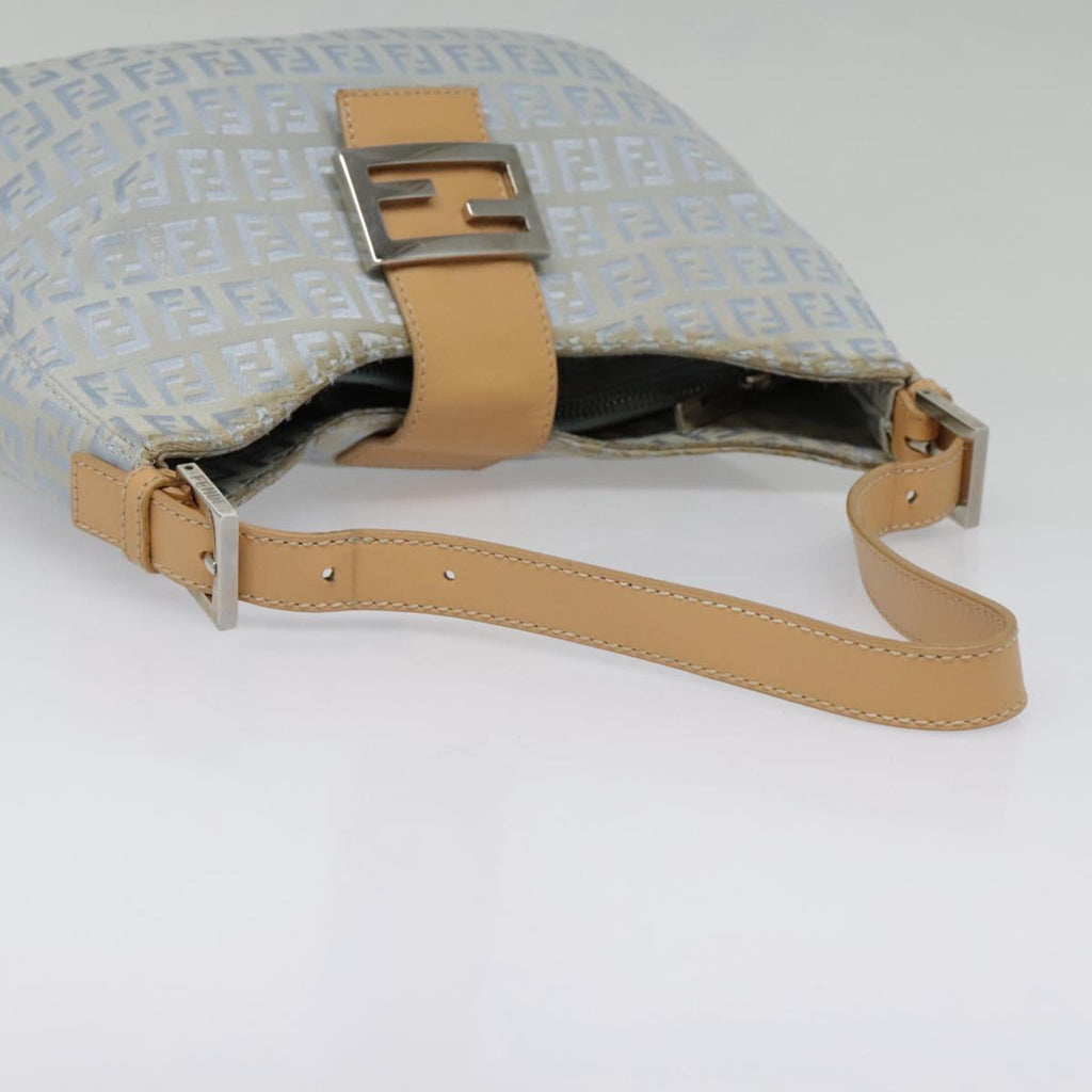 FENDI Zucchino Canvas Mamma Baguette Shoulder Bag Light Blue Silver90704