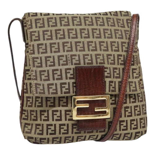 FENDI Zucchino Canvas Shoulder Bag Beige Gold90776