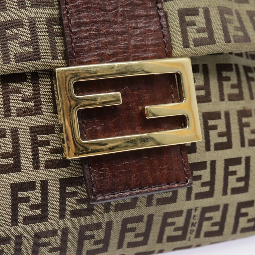 FENDI Zucchino Canvas Shoulder Bag Beige Gold90776