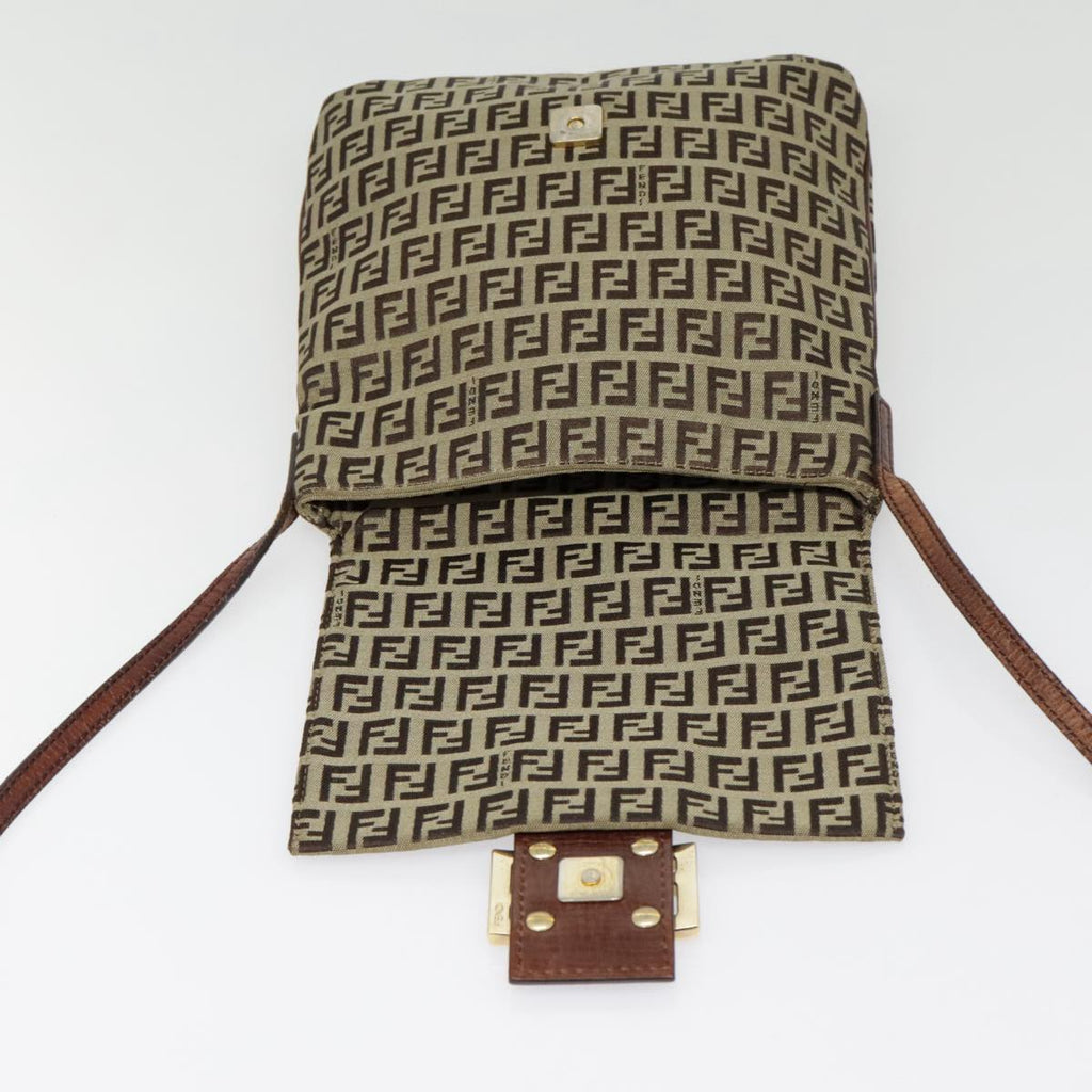 FENDI Zucchino Canvas Shoulder Bag Beige Gold90776