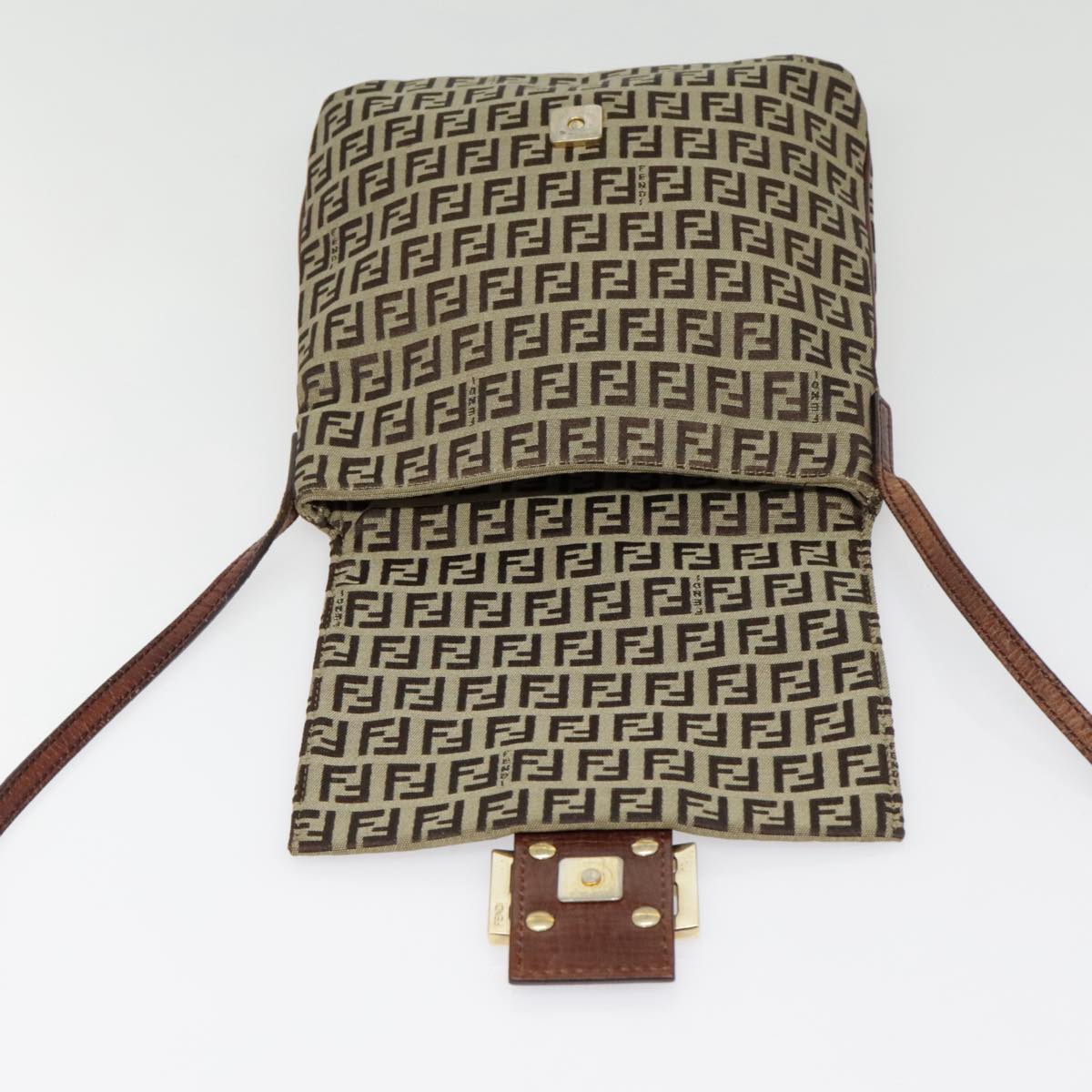 FENDI Zucchino Canvas Shoulder Bag Beige Gold90776