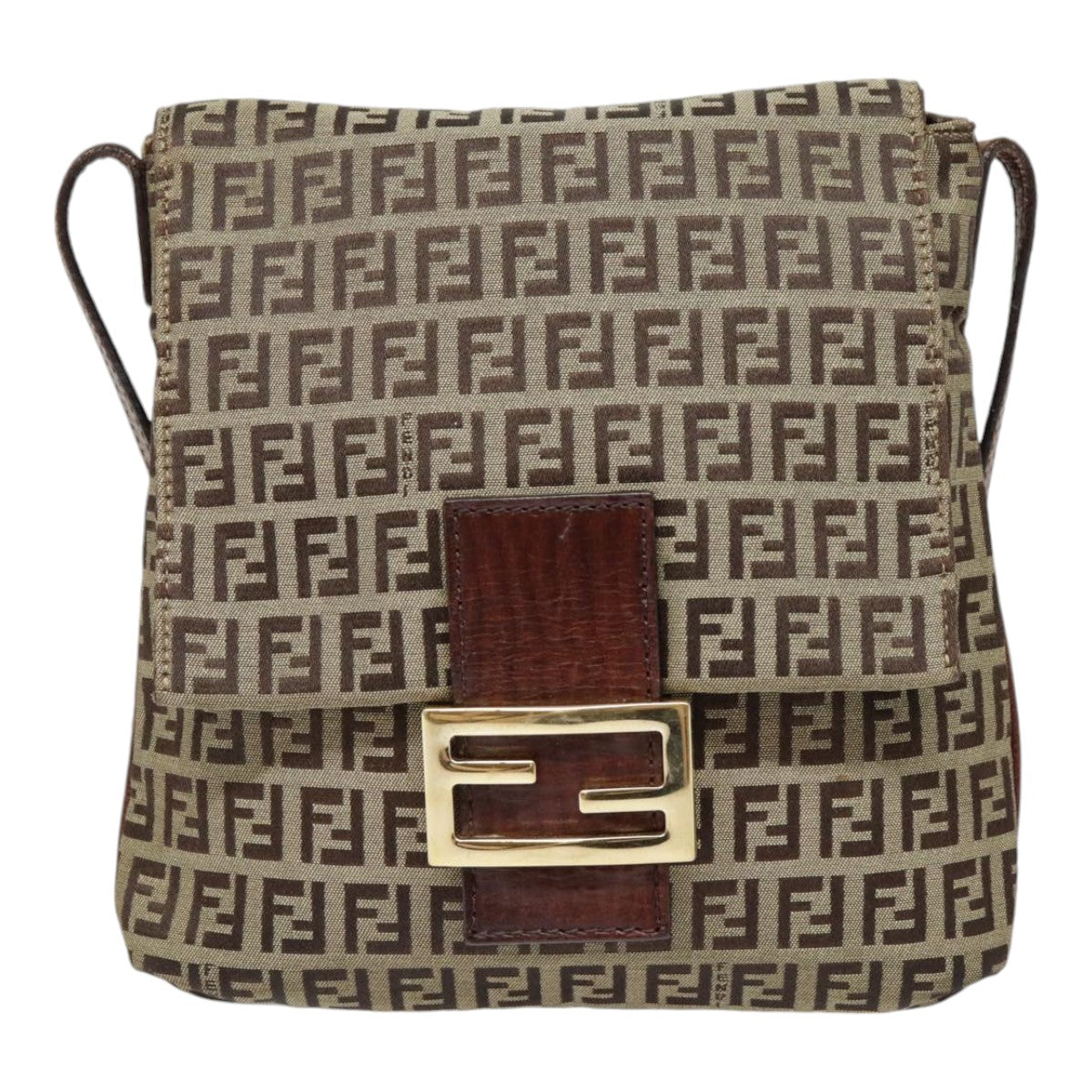 FENDI Zucchino Canvas Shoulder Bag Beige Gold90776