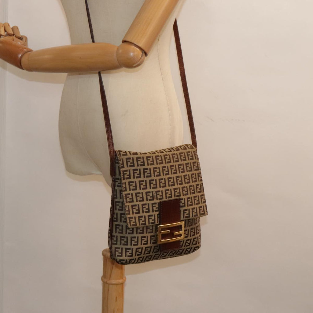 FENDI Zucchino Canvas Shoulder Bag Beige Gold90776