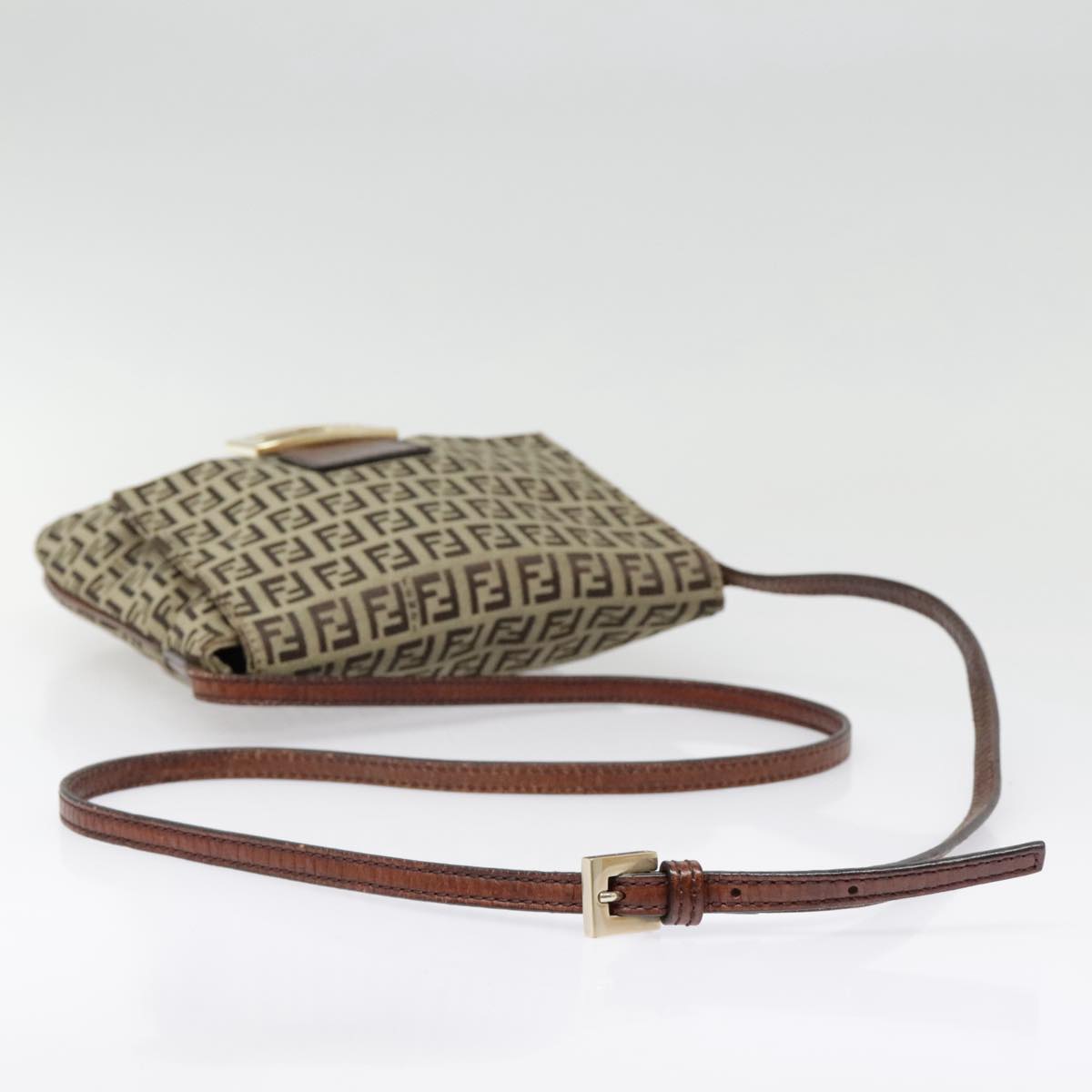 FENDI Zucchino Canvas Shoulder Bag Beige Gold90776