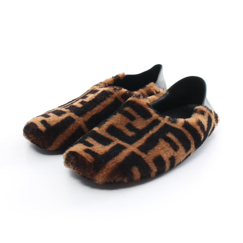 FENDI Zucca Room shoes Flat shoes Boa Fabric Leather Light brown Black