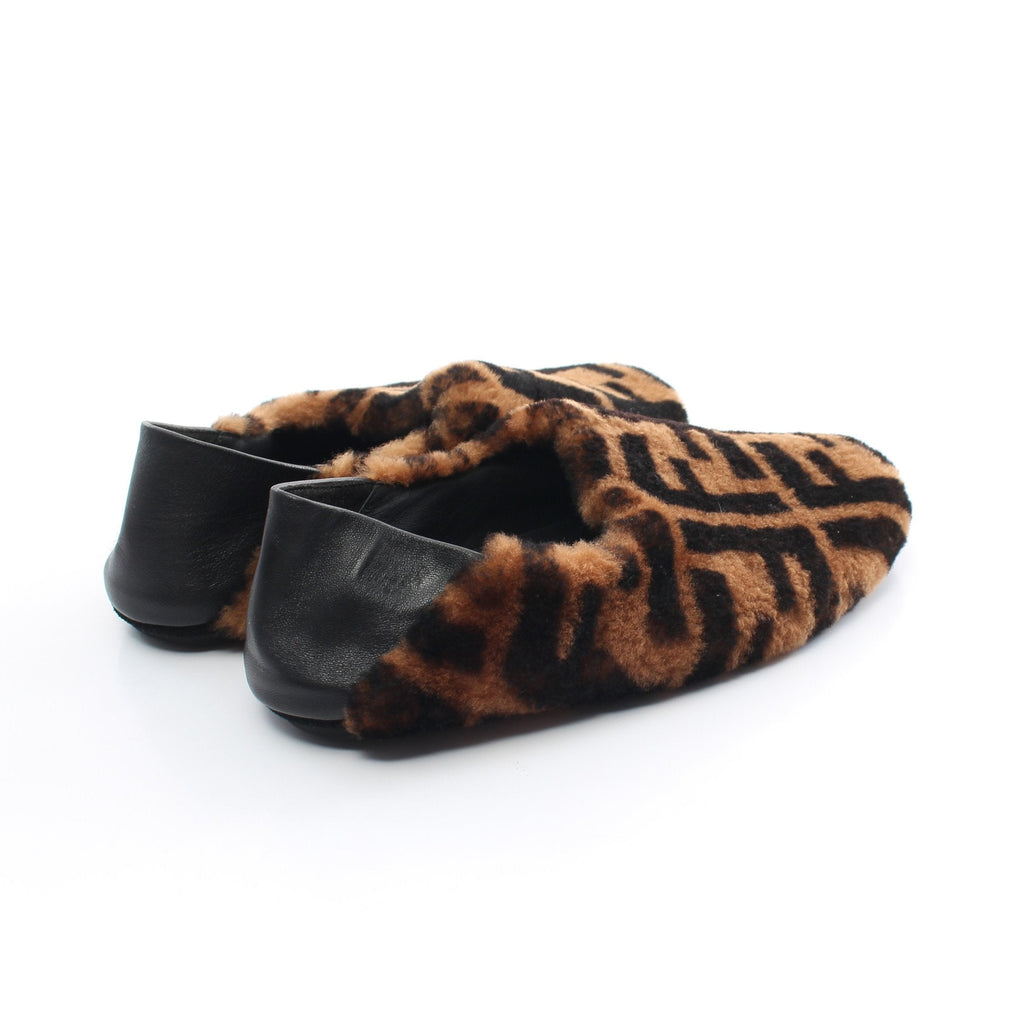 FENDI Zucca Room shoes Flat shoes Boa Fabric Leather Light brown Black
