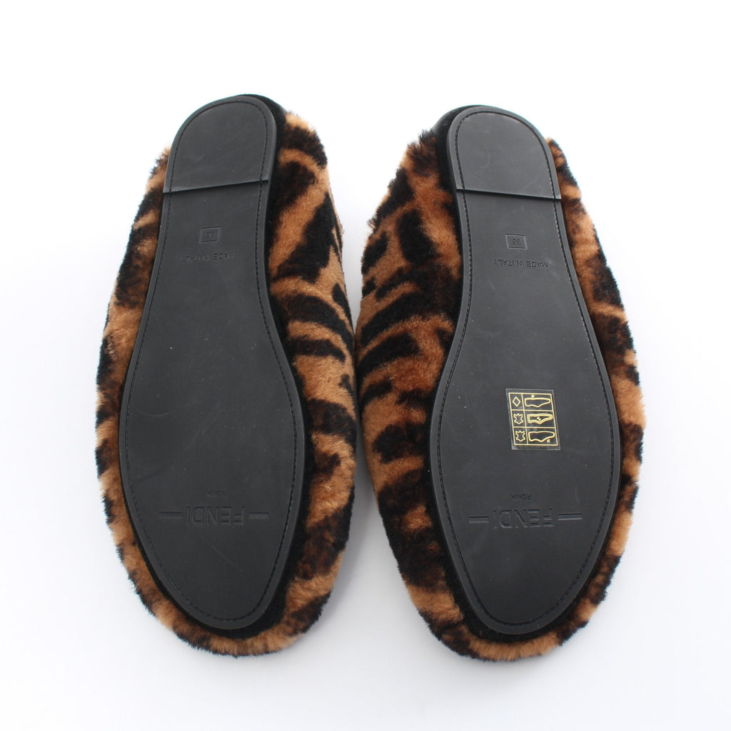 FENDI Zucca Room shoes Flat shoes Boa Fabric Leather Light brown Black