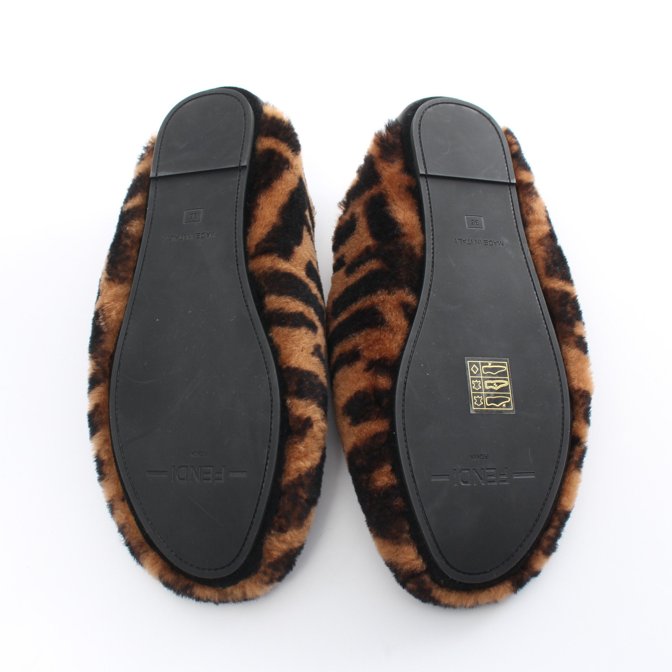 FENDI Zucca Room shoes Flat shoes Boa Fabric Leather Light brown Black