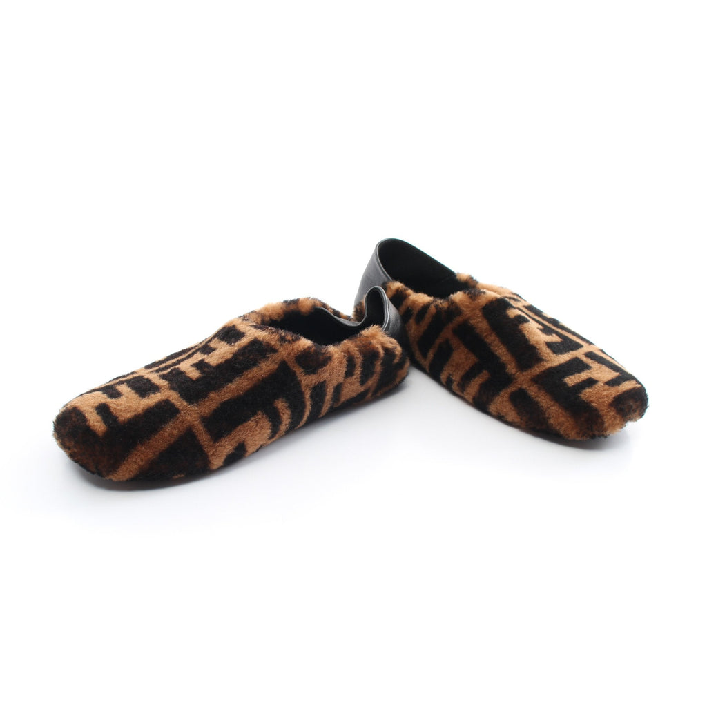 FENDI Zucca Room shoes Flat shoes Boa Fabric Leather Light brown Black