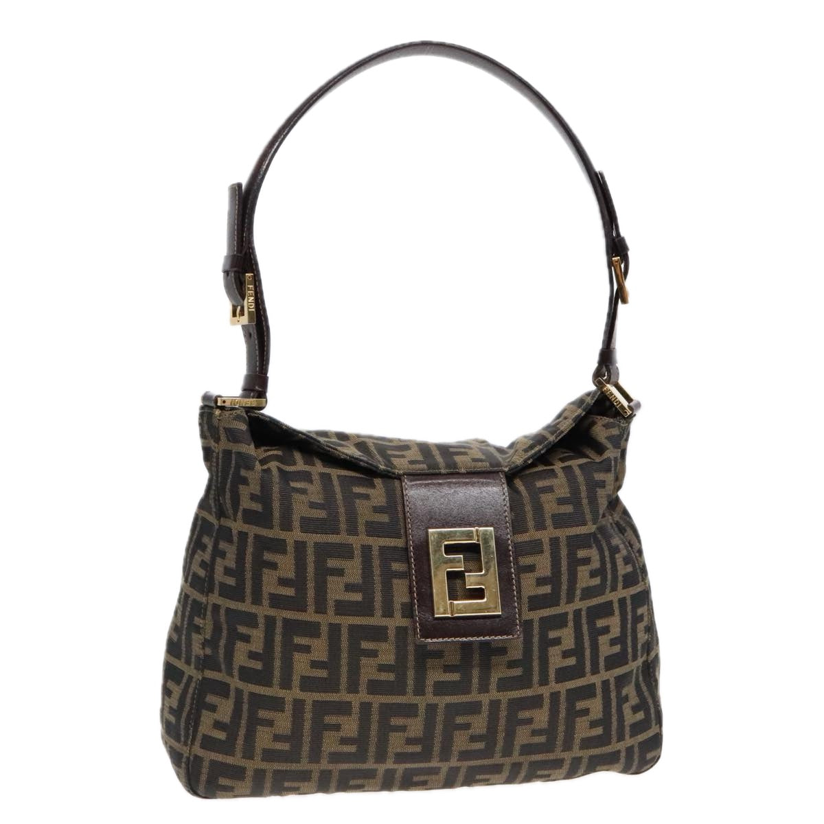 FENDI Zucca Canvas Shoulder Bag Brown Black gold90868