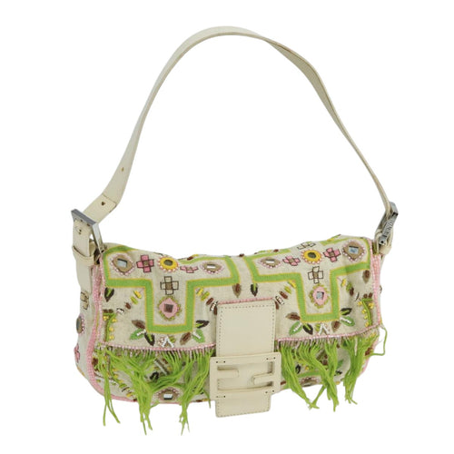 FENDI Mamma Baguette Shoulder Bag Beads Canvas White90955A