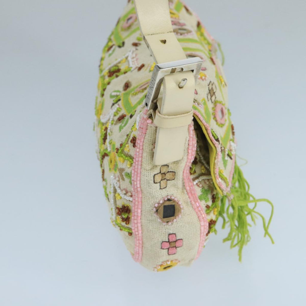 FENDI Mamma Baguette Shoulder Bag Beads Canvas White90955A