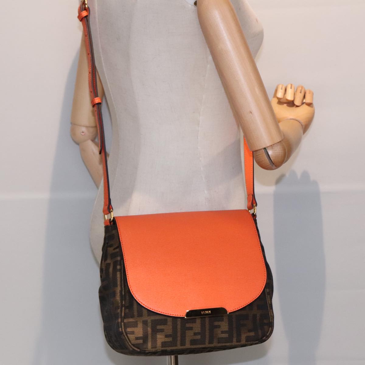FENDI Zucca Canvas Shoulder Bag Brown Black Orange91226