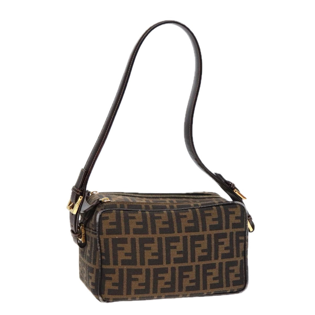 FENDI Zucca Canvas Shoulder Bag Brown Black gold91227
