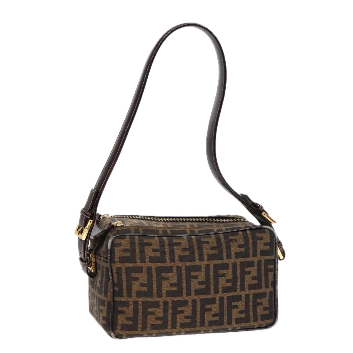 FENDI Zucca Canvas Shoulder Bag Brown Black gold91227