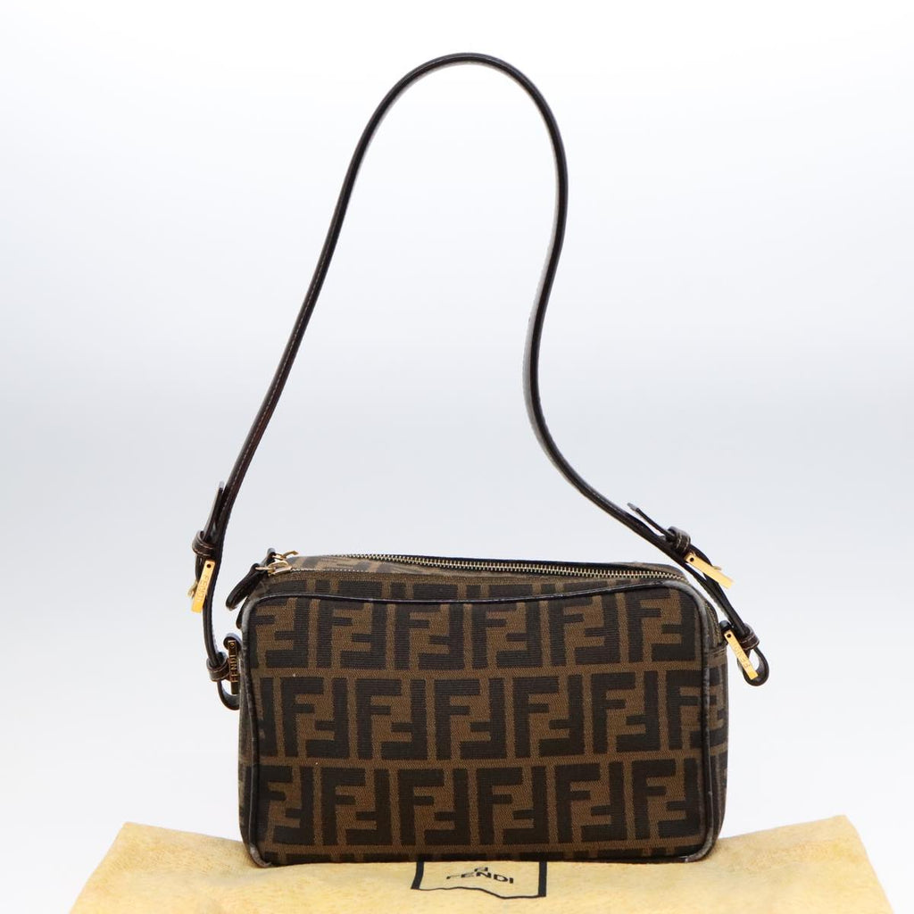 FENDI Zucca Canvas Shoulder Bag Brown Black gold91227