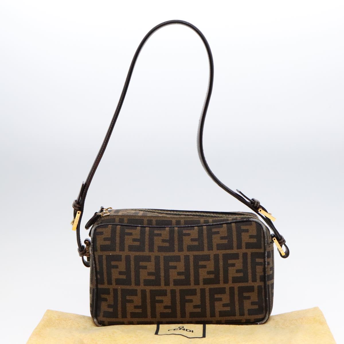 FENDI Zucca Canvas Shoulder Bag Brown Black gold91227