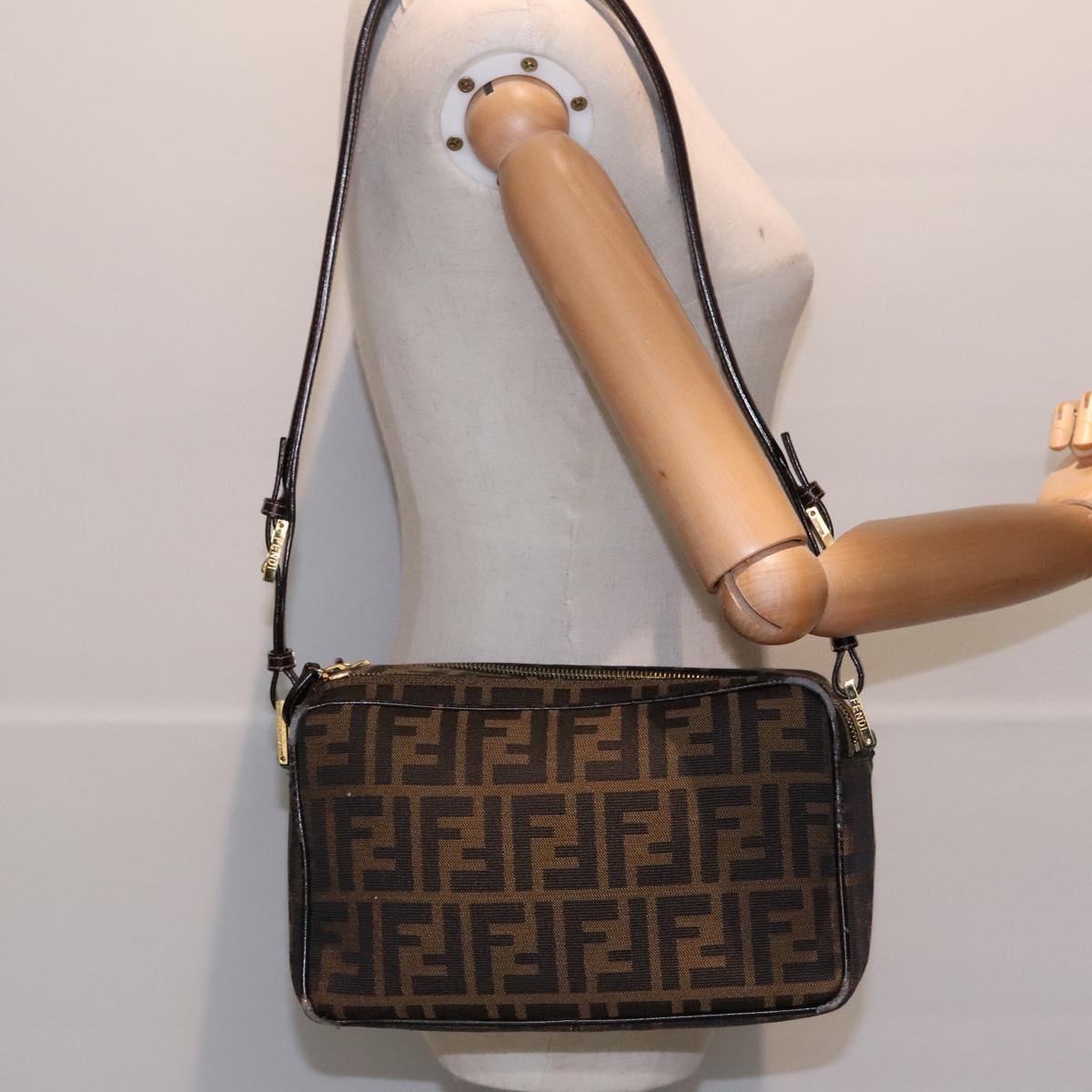 FENDI Zucca Canvas Shoulder Bag Brown Black gold91227