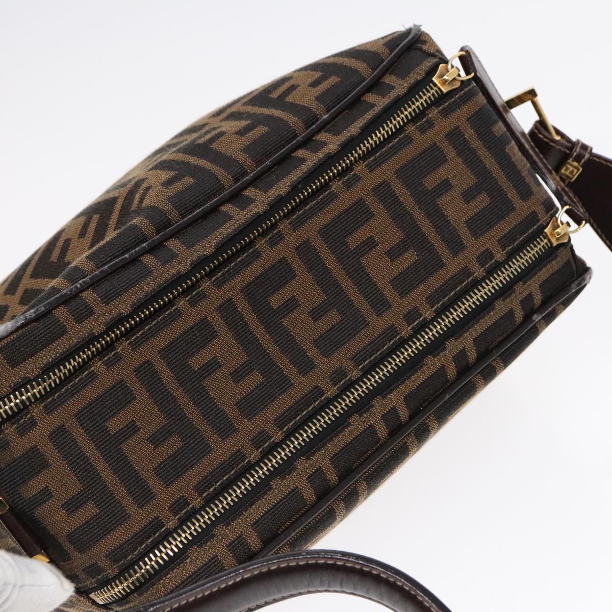 FENDI Zucca Canvas Shoulder Bag Brown Black gold91227